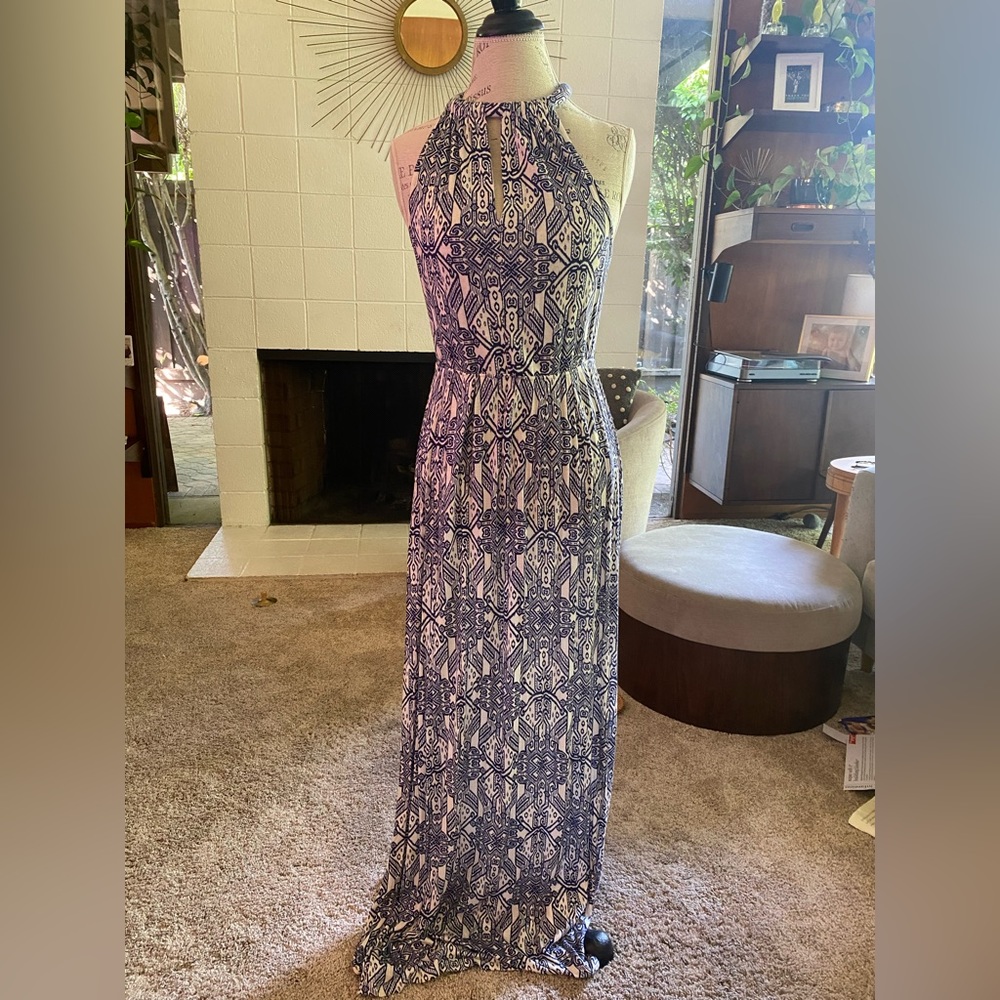 High neck Staring At Stars ivory navy halter abstract maxi dress